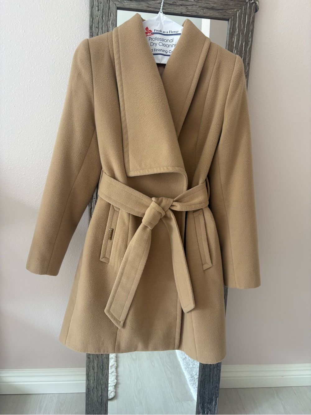Womens Camel Belted Wrap Trench Coat